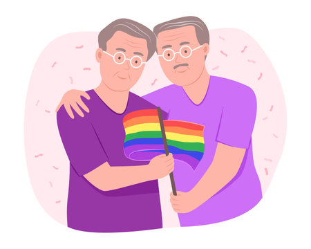 Senior Gay Men Couple Holding the LGBT Rainbow Flag for Gay Pride Celebration Concept Illustrationのイラスト素材