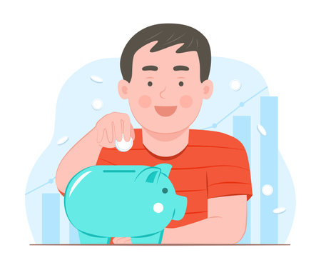 Cute Kid Boy Savings Money Coin with Piggy Bank for Financial Concept Illustrationのイラスト素材