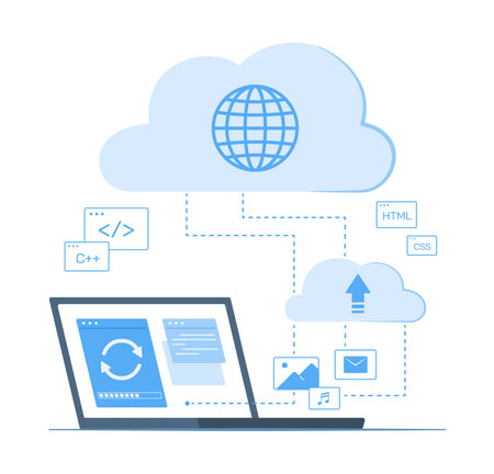 Laptop Computer Syncing Data with Cloud Computing Service for Wireless Network Connection Technology Concept Illustrationのイラスト素材
