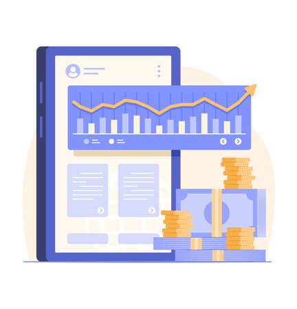 Stack of Cash Money and Mobile Phone with Trading Graph Report for Online Investment and Mobile Banking Concept Illustrationのイラスト素材