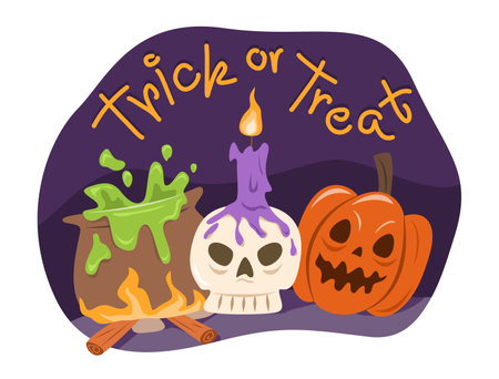 Jack O Lantern Pumpkin, Skull Bone and Wizard Pot for Halloween Concept Illustrationのイラスト素材
