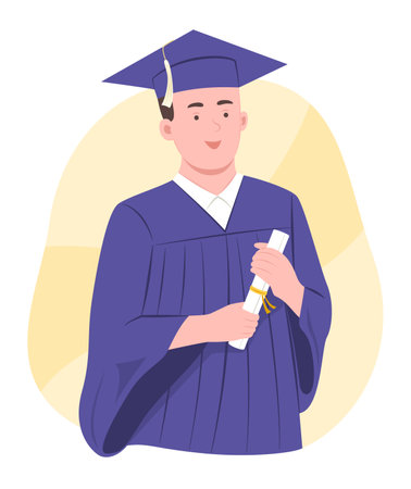 College Graduate Man in Graduation Gown Holding Diploma for Graduation Concept Illustrationのイラスト素材