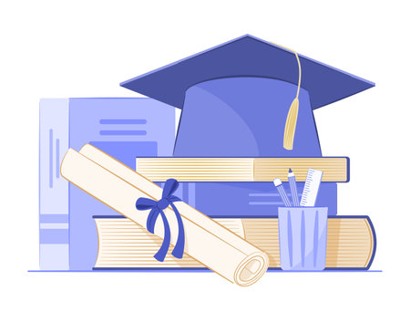Graduation Cap and Diploma on Stack of Books for Knowledge, Graduation and Education Concept Illustrationのイラスト素材