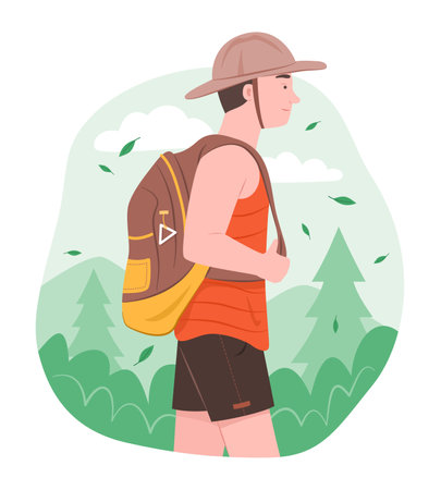 Backpacker Man Travel in Forest for Outdoor Recreation Activity Concept Illustrationのイラスト素材