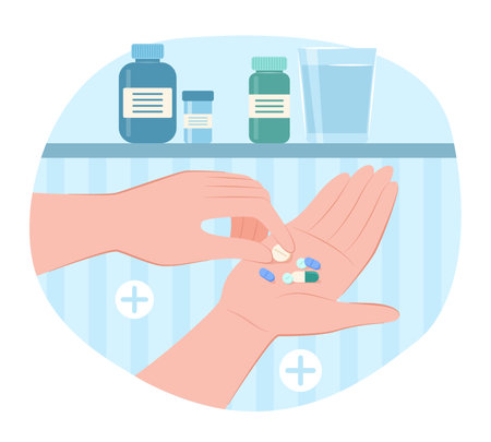 Dose of Medicine Pills in Hands for Healthcare and Medical Concept Illustrationのイラスト素材