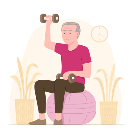 Elderly Man Exercise with Dumbbell in Living Room at Home for Healthcare Concept Illustrationのイラスト素材