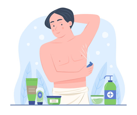 Healthy Man Spraying Deodorant Cologne Perfume on Body for Beauty Skin Treatment Concept Illustrationのイラスト素材