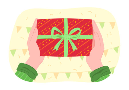 Human Hands Holding a Red Gift Box for Special Festival Celebration Concept Illustrationのイラスト素材