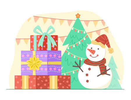 Christmas card with snowman and gift boxes. Vector illustration in cartoon style.のイラスト素材