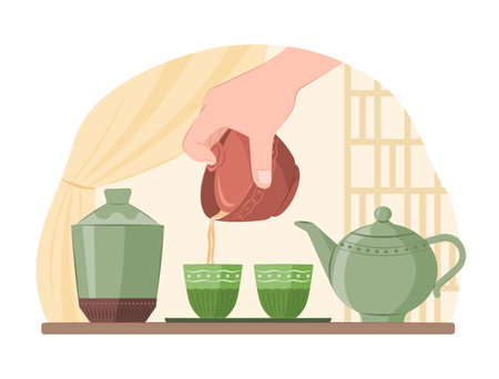 Human Hand Pouring Hot Tea into Chinese Ceramic Tea Cup for Asian Healthy Drinks Concept Illustrationのイラスト素材
