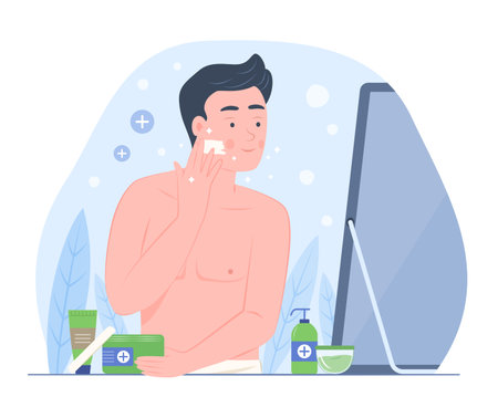 Healthy Man Applying Cream on Face for Facial Skin Treatment Concept Illustrationのイラスト素材