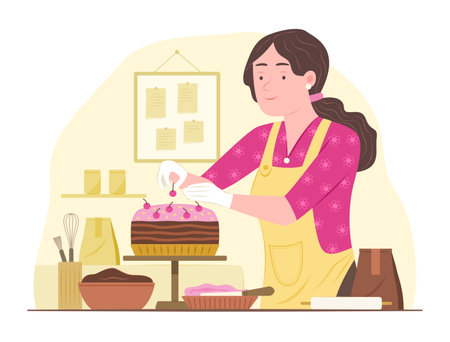Baker Chef Woman Doing Cake Decorating in Bakery Shopのイラスト素材
