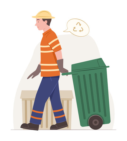 Garbage Collector Man Dragging a Recycle Plastic Garbage Bin for Waste Sorting and Recycle Concept Illustrationのイラスト素材