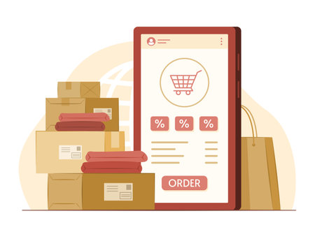 Smartphone with Merchandise Boxes and Shopping Bag for Online Shopping and E-Commerce Concept Illustrationのイラスト素材
