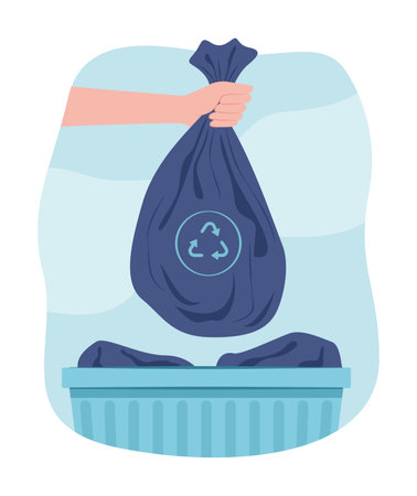 Human Hand Holding Garbage Bag for Litter into Trash Can for Waste Sorting and Recycle Concept Illustrationのイラスト素材