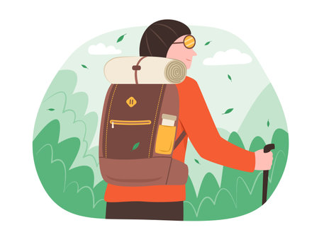 Backpacker Man Hiking in Forest for Outdoor Adventure Recreation Activity Concept Illustrationのイラスト素材