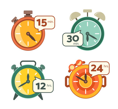 Set of Colorful Clocks with Time Number for Cute Graphic Design Element Concept Clip Artのイラスト素材
