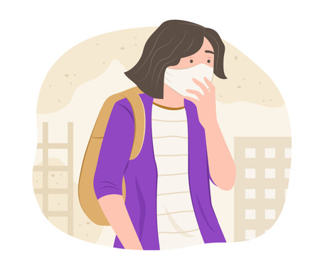 Teenage Girl wearing Face Mask for Prevent Particulate Dust and Air Pollution Concept Illustrationのイラスト素材