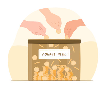 Human Hands Donate Money Coins into Donation Box for Charity Donation Concept Illustration Clip Artのイラスト素材