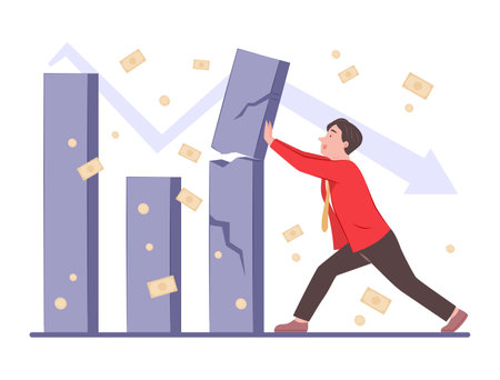Businessman Pushing Cracked Financial Bar Chart for Economy Recession and Bankruptcy Concept Illustrationのイラスト素材