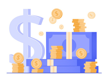 Stack of Cash Money and Coins with Dollar Currency Symbol for Financial, Savings and Investment Concept Illustrationのイラスト素材