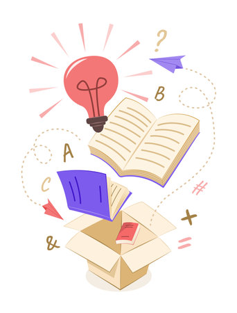 Light Bulb, Books and Paper Plane Bouncing Out of the Box for Thinking Outside the Box and Education Concept Illustration Clip Artのイラスト素材