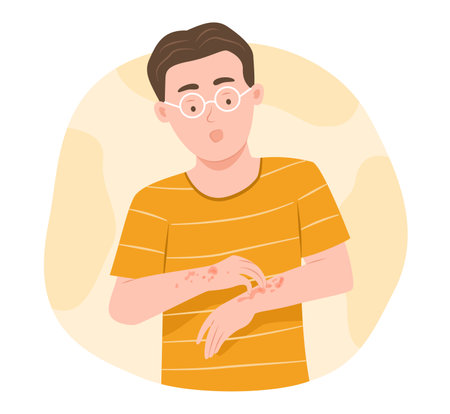 Worried Young Man Scratches the Atopic Dermatitis or Eczema Area on His Arms for Dermatology Disease Concept Illustrationのイラスト素材