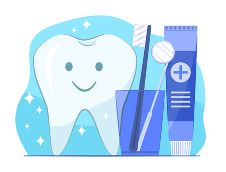 Cute White Tooth Cartoon Character with Toothbrush and Toothpaste for Dental Healthcare Concept Illustration Clip Artのイラスト素材