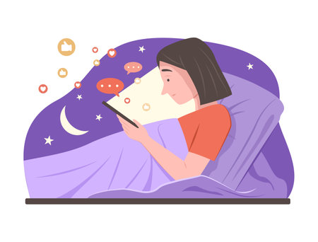 Woman Watching Social Media Content and Chatting on Smartphone Before Sleep at Night for Social Media Addiction and FOMO Concept Illustrationのイラスト素材