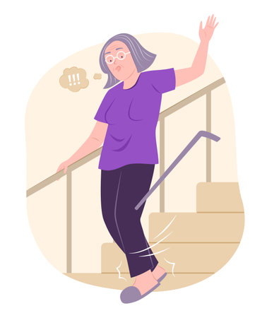 Elderly Woman Stumbles and Falling Down from Stairs for Accident Concept Illustrationのイラスト素材