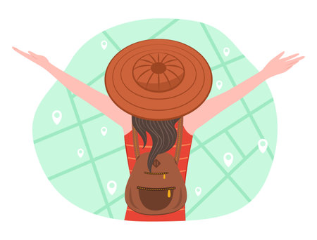 Back View of Traveler Backpacker Woman Relaxing with Outdoor Lifestyle for Travel Concept Illustrationのイラスト素材