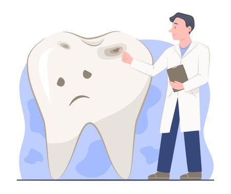 Male Dentist Doctor Pointing the Cavities on Tooth Cartoon Character for Dental Caries and Dental Healthcare Concept Illustration Clip Artのイラスト素材