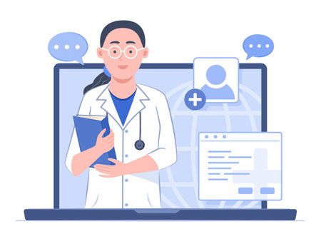 Female Doctor in Medical Gown Uniform Holding Medical File for Health Check-up via Telemedicine Technology and Online Healthcare Consultation Concept Illustrationのイラスト素材