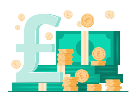 Stack of Cash Money and Coins with British Pound Sterling Currency Symbol for Financial, Savings and Investment Concept Illustrationのイラスト素材