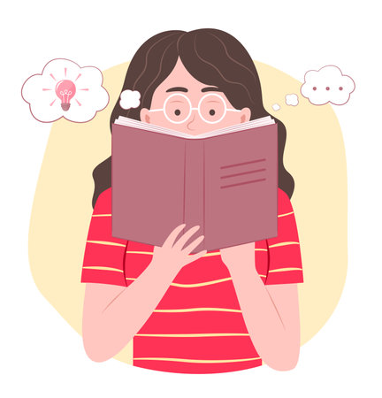 Young Woman Reading a Book and Thinking Creative Idea for Education Concept Illustrationのイラスト素材