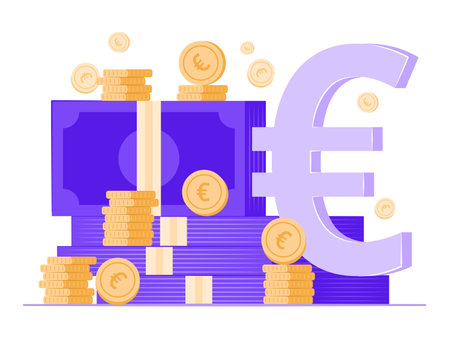 Stack of Cash Money and Coins with Euro Currency Symbol for Financial, Savings and Investment Concept Illustrationのイラスト素材