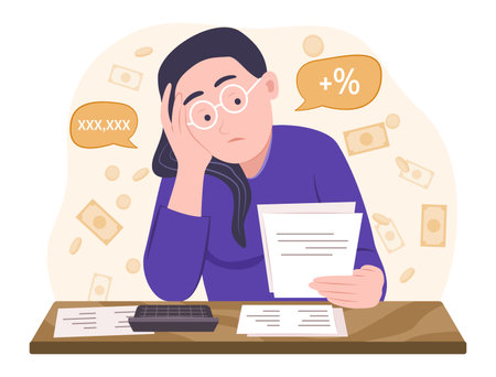 Worried Young Woman Stress Out with Debt and Bills for Financial and Bankruptcy Concept Illustrationのイラスト素材