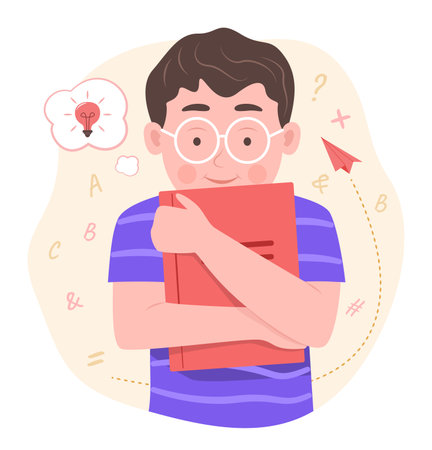 Happy Cute Student Pupil Boy Hugging a Book and Imagine for Reading and Education Concept Illustration Clip Artのイラスト素材
