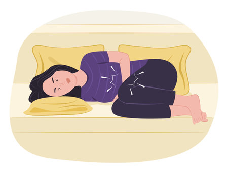 Woman Lying in Bed and Suffering from Stomachache for Menstrual Pain Concept Illustrationのイラスト素材