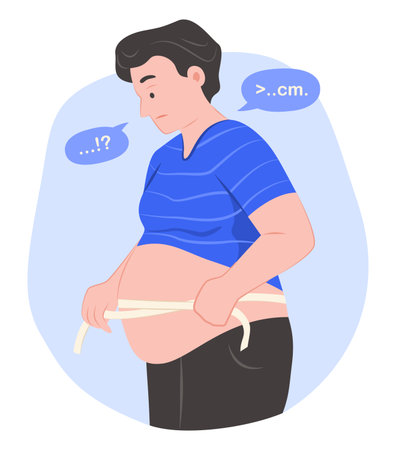 Chubby Man Worried while Measuring His Waist with a Measuring Tape for Healthcare Concept Illustration Clip Artのイラスト素材