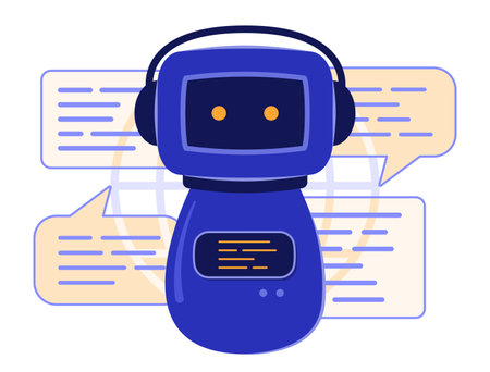 Online Chatting with AI Chatbot Robot Cartoon Character for Artificial Intelligence Technology and Telecommunication Concept Illustration Clip Artのイラスト素材
