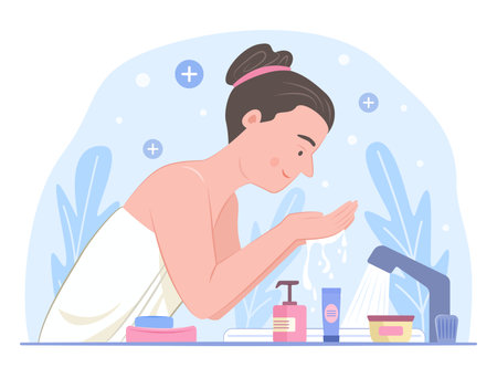 Healthy Woman Washing Her Face with Pure Water for Beauty Skin Treatment Concept Illustrationのイラスト素材