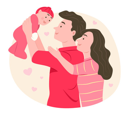 Father Holding Baby Kid Up in the Air and Mother Teases Him for Family and Love Concept Illustration Clip Artのイラスト素材
