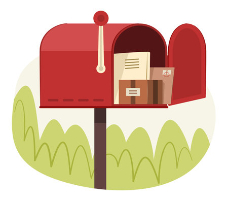 Red Mailbox Opens with Mail and Parcel Inside for Postal Concept Illustration Clip Artのイラスト素材