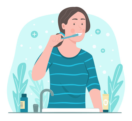 Happy Young Woman Brushing Teeth for Dental Healthcare and Daily Hygienic Lifestyle Routine Concept Illustrationのイラスト素材