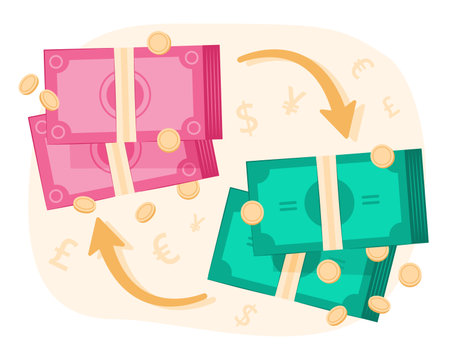 Money Exchange Between Two Foreign Cash Money Bundle for Financial and Foreign Currency Exchange Concept Illustrationのイラスト素材