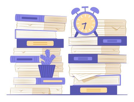 Stack of Lot of Document Files, Papers, Books and Alarm Clock for Overload Working and Overburdened Concept Illustration Clip Artのイラスト素材