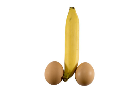 One banana with two eggs, penis, power of sex and man power, healthy diet, sex education,isolate pure white backgroundの写真素材