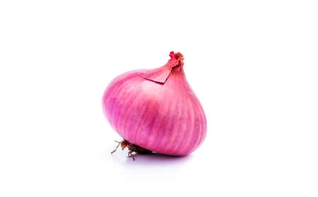 Red onions placed on a white background with shadows.
