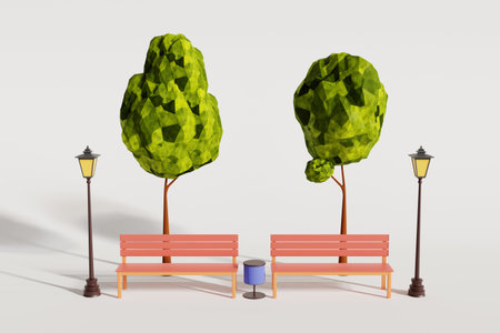 3d illustration, bench or chair in the park with trees, trash can, isolated on white background. Minimal outdoor relaxation ideas Horizontal banner, 3D render - clipping pathの写真素材